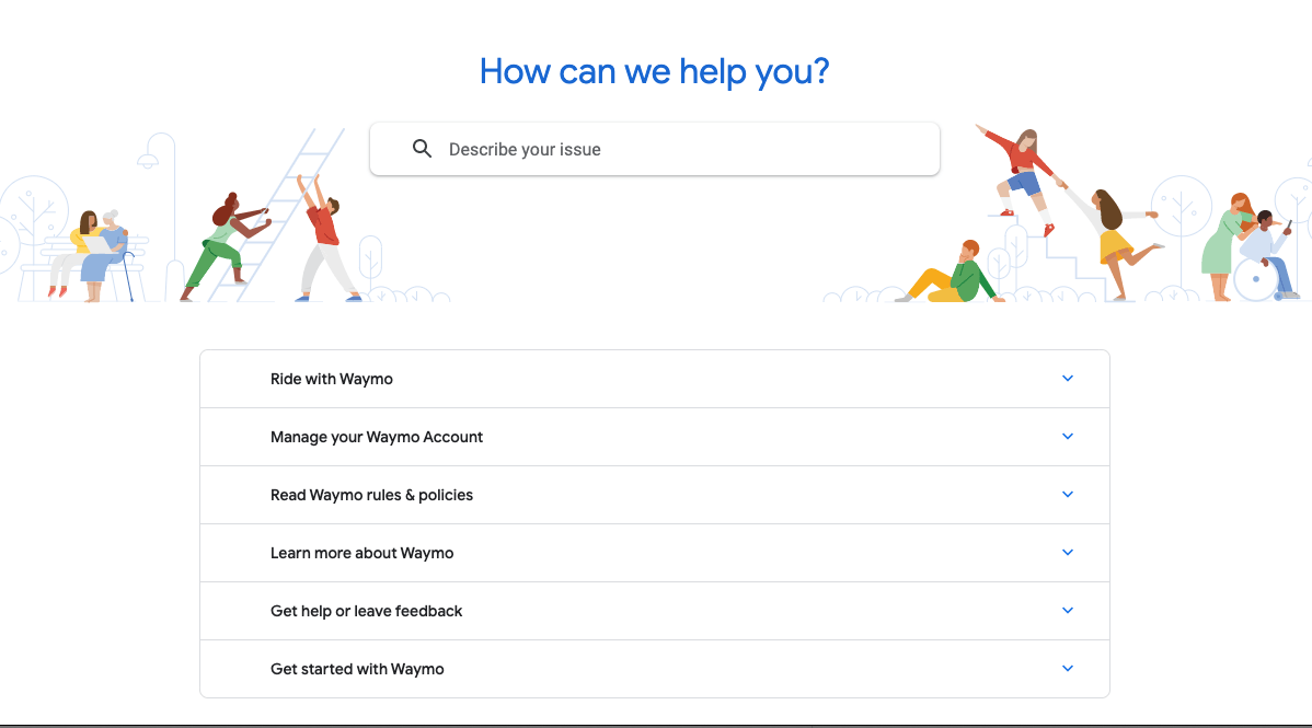 screenshot of Waymo Help Center landing page